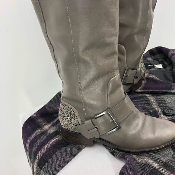 Brian Atwood Women’s 6.5 Gray Leather Riding Boot Silver Tone Bling Buck… - Picture 2 of 7